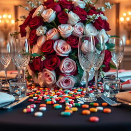 A close-up of a lavish table setting featuring an opulent floral centerpiece with vibrant red and white roses, surrounded by sparkling crystal glasses and gleaming silverware