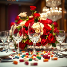 A close-up of a lavish table setting featuring an opulent floral centerpiece with vibrant red and white roses, surrounded by sparkling crystal glasses and gleaming silverware