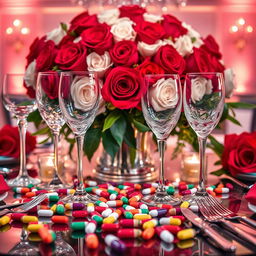 A close-up of a lavish table setting featuring an opulent floral centerpiece with vibrant red and white roses, surrounded by sparkling crystal glasses and gleaming silverware