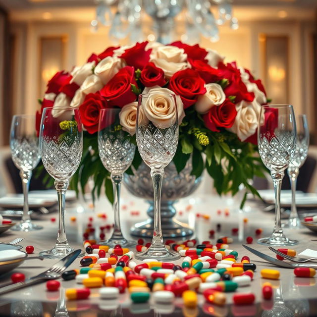 A close-up of a lavish table setting featuring an opulent floral centerpiece with vibrant red and white roses, surrounded by sparkling crystal glasses and gleaming silverware