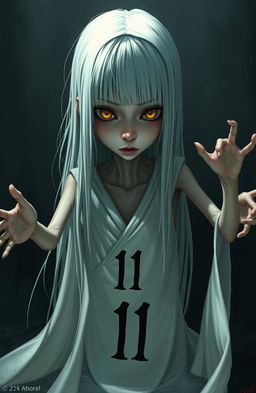 A skinny girl with long straight white hair and striking yellow eyes, wearing a flowing white robe adorned with the number 11