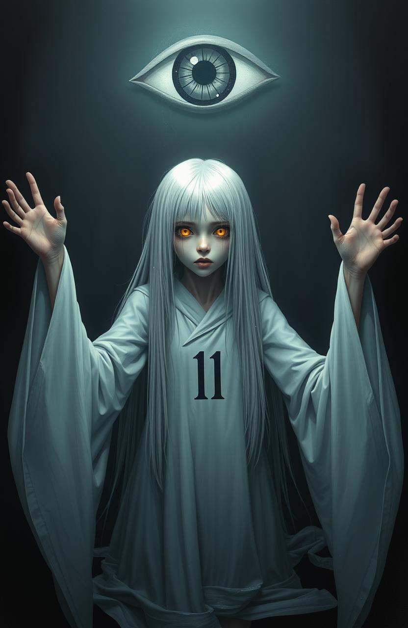 A skinny girl with long straight white hair and striking yellow eyes, wearing a flowing white robe adorned with the number 11