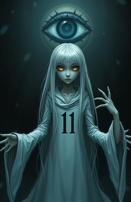 A skinny girl with long straight white hair and striking yellow eyes, wearing a flowing white robe adorned with the number 11