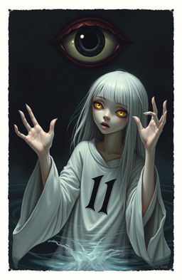 A skinny girl with long straight white hair and striking yellow eyes, wearing a flowing white robe adorned with the number 11