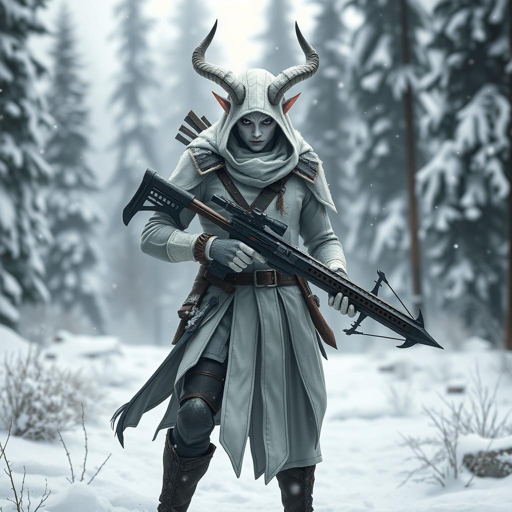 A striking white tiefling assassin stands confidently in a snowy landscape, holding a light crossbow