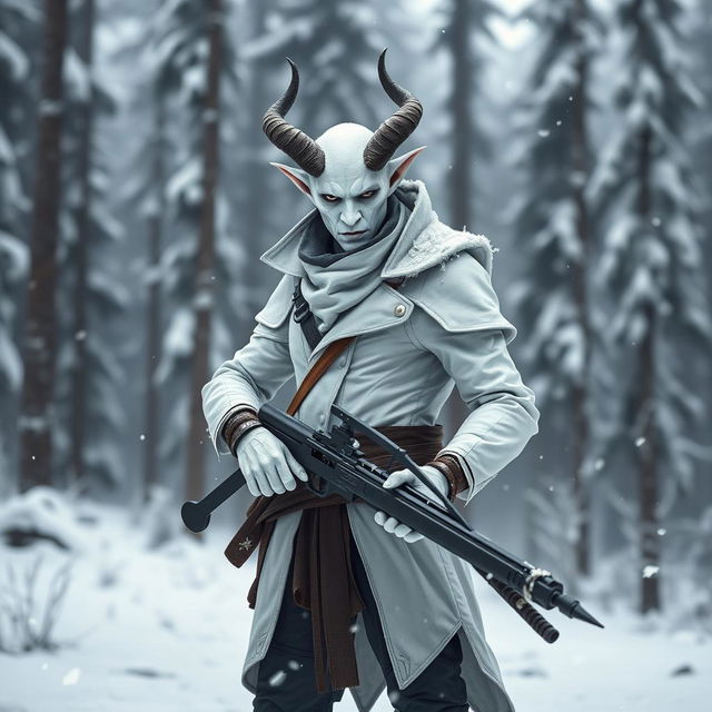 A striking white tiefling assassin stands confidently in a snowy landscape, holding a light crossbow