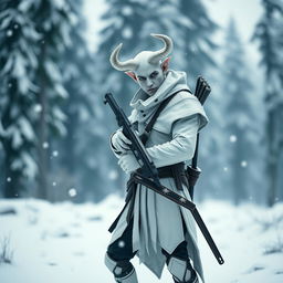 A striking white tiefling assassin stands confidently in a snowy landscape, holding a light crossbow