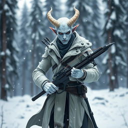 A striking white tiefling assassin stands confidently in a snowy landscape, holding a light crossbow