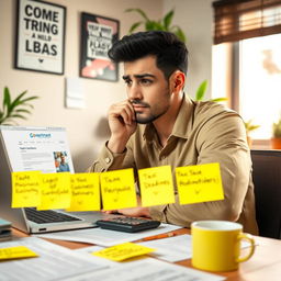 A person sitting at a desk, deep in thought as they contemplate the process of registering a business