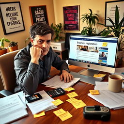A person sitting at a desk, deep in thought as they contemplate the process of registering a business