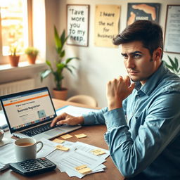 A person sitting at a desk, deep in thought as they contemplate the process of registering a business