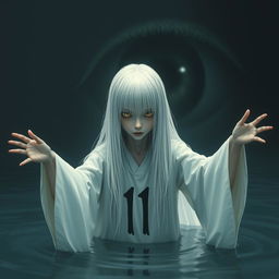 A skinny girl with long straight white hair and captivating yellow eyes, garbed in a flowing white robe featuring the number 11