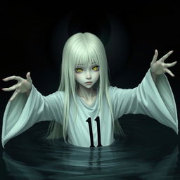 A skinny girl with long straight white hair and captivating yellow eyes, garbed in a flowing white robe featuring the number 11