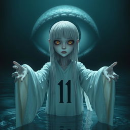 A skinny girl with long straight white hair and captivating yellow eyes, garbed in a flowing white robe featuring the number 11