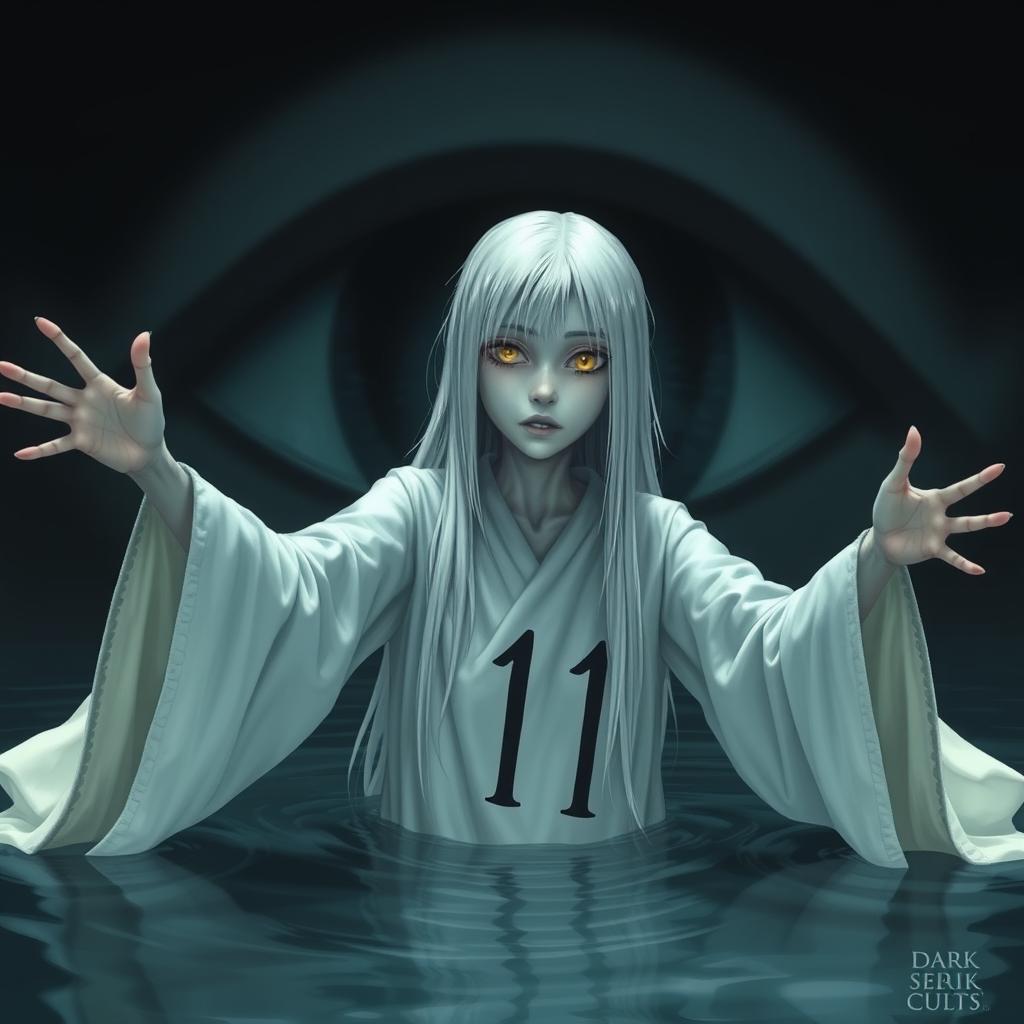 A skinny girl with long straight white hair and captivating yellow eyes, garbed in a flowing white robe featuring the number 11