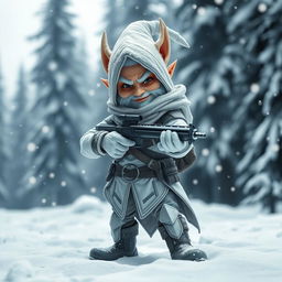 A captivating white gnome assassin stands poised in a snowy environment, gripping a light crossbow firmly