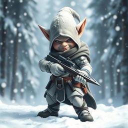 A captivating white gnome assassin stands poised in a snowy environment, gripping a light crossbow firmly