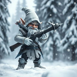 A captivating white gnome assassin stands poised in a snowy environment, gripping a light crossbow firmly