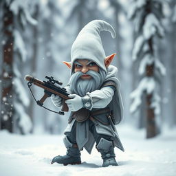 A captivating white gnome assassin stands poised in a snowy environment, gripping a light crossbow firmly