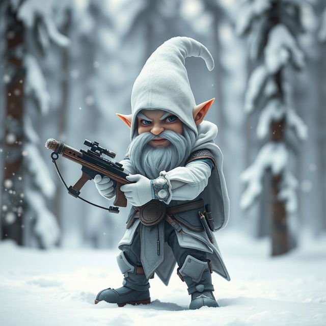 A captivating white gnome assassin stands poised in a snowy environment, gripping a light crossbow firmly