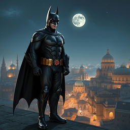 An Iranian-inspired version of Batman, wearing a unique dark costume with intricate Persian patterns and motifs, blending traditional Middle Eastern aesthetics with the classic superhero look