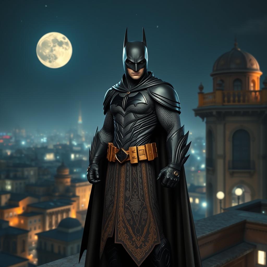 An Iranian-inspired version of Batman, wearing a unique dark costume with intricate Persian patterns and motifs, blending traditional Middle Eastern aesthetics with the classic superhero look