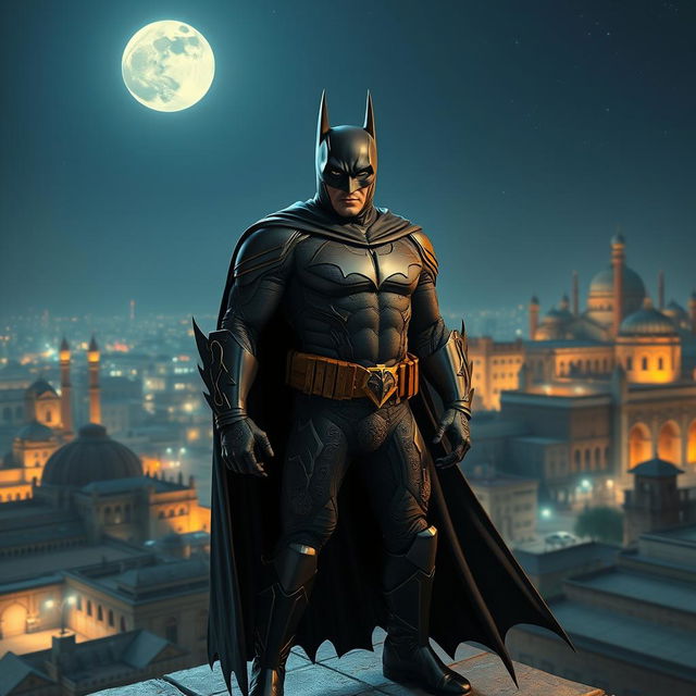 An Iranian-inspired version of Batman, wearing a unique dark costume with intricate Persian patterns and motifs, blending traditional Middle Eastern aesthetics with the classic superhero look