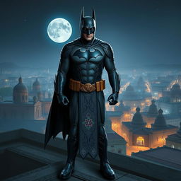 An Iranian-inspired version of Batman, wearing a unique dark costume with intricate Persian patterns and motifs, blending traditional Middle Eastern aesthetics with the classic superhero look