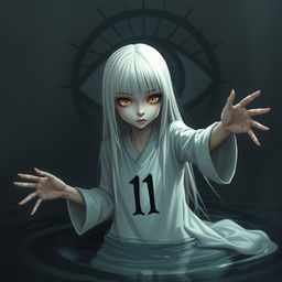 A skinny girl characterized by long straight white hair and vivid yellow eyes, wearing a flowing white robe that displays the number 11