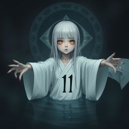 A skinny girl characterized by long straight white hair and vivid yellow eyes, wearing a flowing white robe that displays the number 11