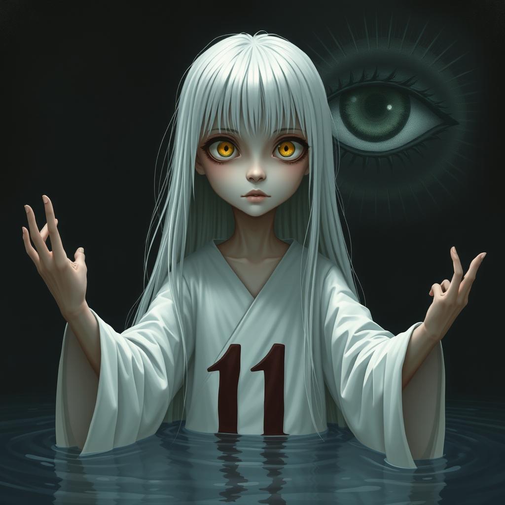 A skinny girl characterized by long straight white hair and vivid yellow eyes, wearing a flowing white robe that displays the number 11