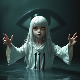 A skinny girl characterized by long straight white hair and vivid yellow eyes, wearing a flowing white robe that displays the number 11