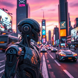 A futuristic scene featuring a humanoid robot inspired by the designs associated with Elon Musk's Optimus project