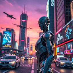 A futuristic scene featuring a humanoid robot inspired by the designs associated with Elon Musk's Optimus project