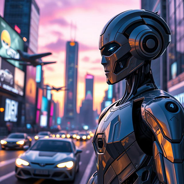 A futuristic scene featuring a humanoid robot inspired by the designs associated with Elon Musk's Optimus project