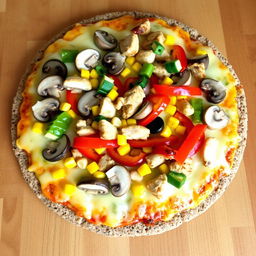 A delicious pizza topped with slices of mushrooms, colorful bell peppers, sweet corn, and chunks of chicken, all generously covered with melted cheese on a brown rice crust