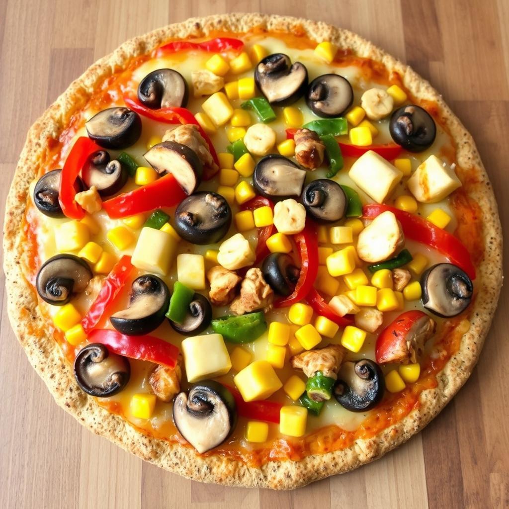 A delicious pizza topped with slices of mushrooms, colorful bell peppers, sweet corn, and chunks of chicken, all generously covered with melted cheese on a brown rice crust