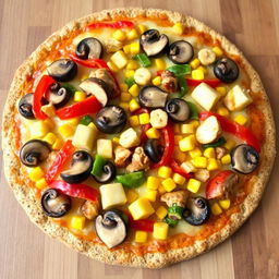 A delicious pizza topped with slices of mushrooms, colorful bell peppers, sweet corn, and chunks of chicken, all generously covered with melted cheese on a brown rice crust