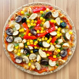 A delicious pizza topped with slices of mushrooms, colorful bell peppers, sweet corn, and chunks of chicken, all generously covered with melted cheese on a brown rice crust