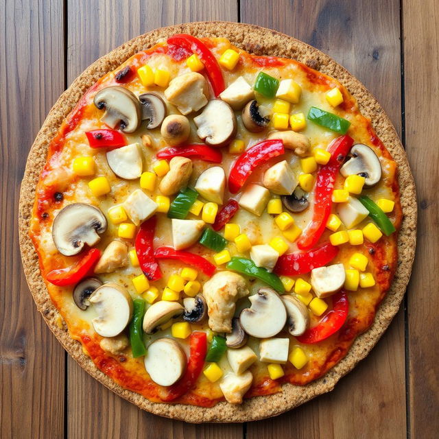 A delicious pizza topped with slices of mushrooms, colorful bell peppers, sweet corn, and chunks of chicken, all generously covered with melted cheese on a brown rice crust