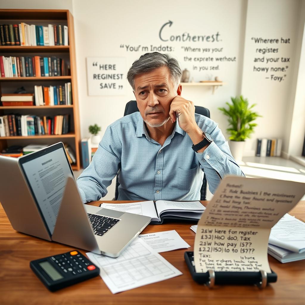 An entrepreneur sitting at a modern office desk, looking stressed and deep in thought about registering a business