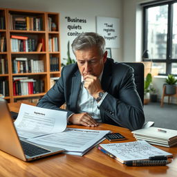 An entrepreneur sitting at a modern office desk, looking stressed and deep in thought about registering a business