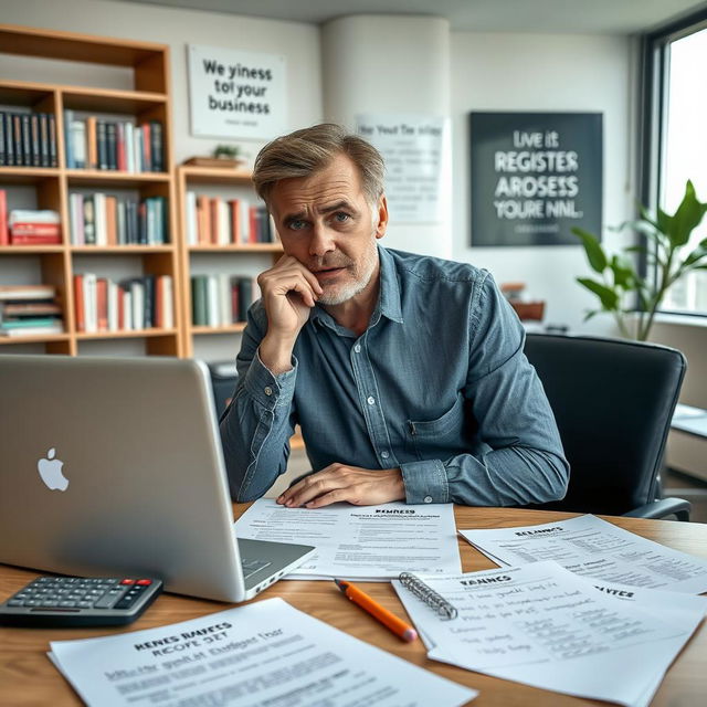 An entrepreneur sitting at a modern office desk, looking stressed and deep in thought about registering a business