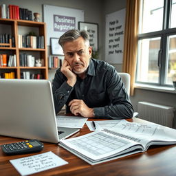 An entrepreneur sitting at a modern office desk, looking stressed and deep in thought about registering a business