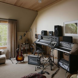 An eclectic home music studio, blending seamlessly into a comfortable, modern bedroom. The room is filled with musical instruments, recording equipment, and cozy bedroom furnishings.