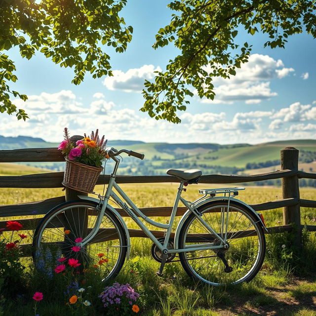 A picturesque scene featuring a classic bicycle leaning against a rustic wooden fence, surrounded by vibrant wildflowers in various colors