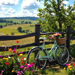 A picturesque scene featuring a classic bicycle leaning against a rustic wooden fence, surrounded by vibrant wildflowers in various colors