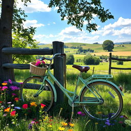 A picturesque scene featuring a classic bicycle leaning against a rustic wooden fence, surrounded by vibrant wildflowers in various colors