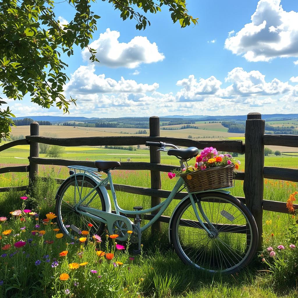 A picturesque scene featuring a classic bicycle leaning against a rustic wooden fence, surrounded by vibrant wildflowers in various colors