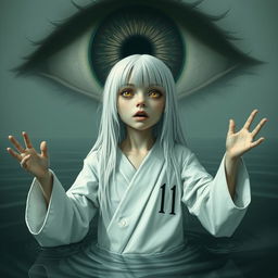 A skinny girl with long, straight white hair and striking yellow eyes, clad in a white robe marked with the number 11